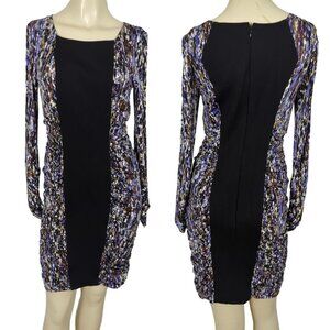 BCBG MAXAZRIA Women's dress sz M blue brown‎ Long Sleeve Ruched Bodycon